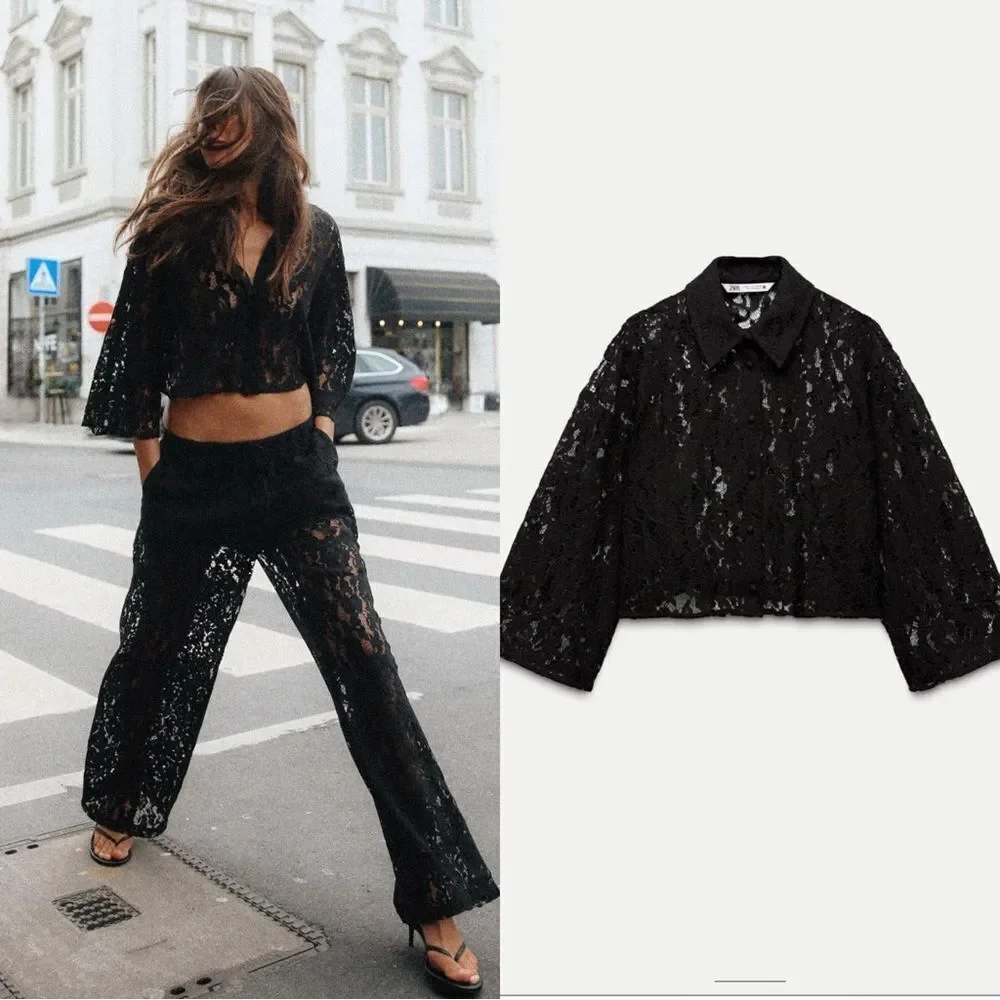 Zara Sheer Lace Black Crop Top Size XS